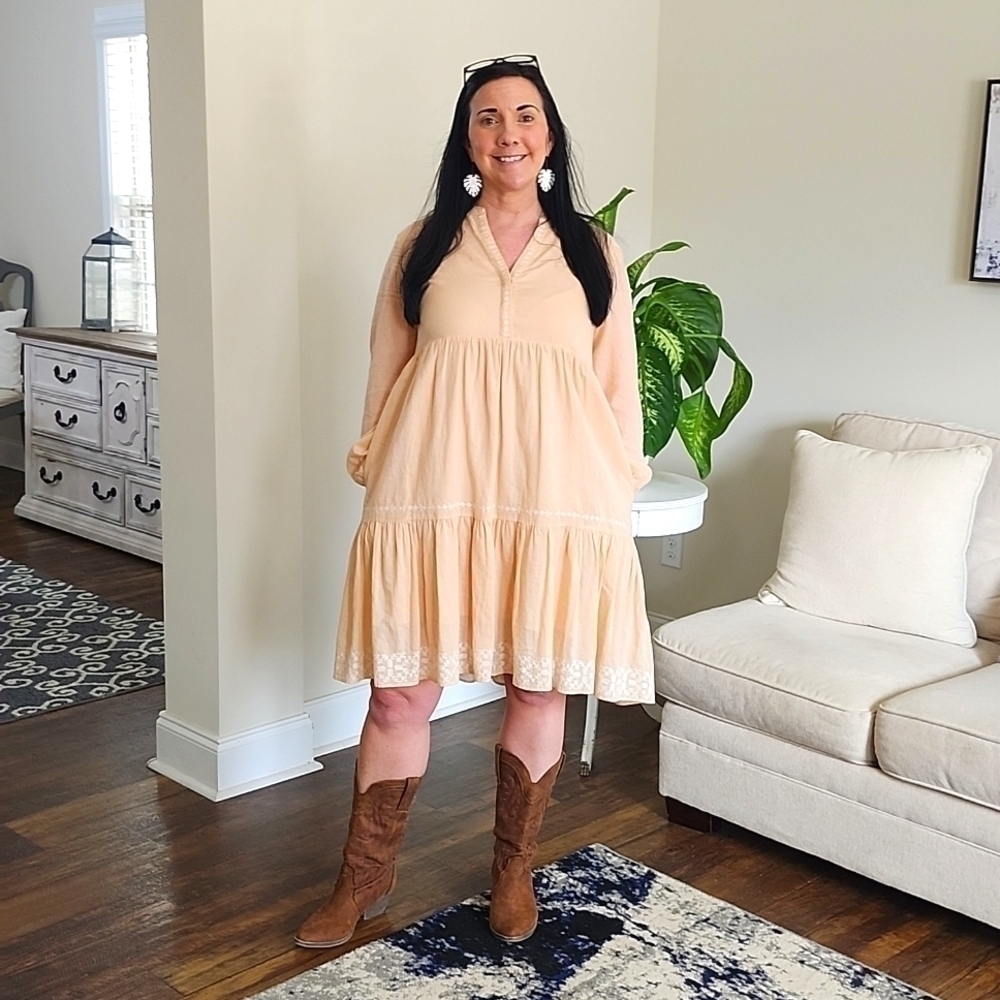 REPEAT PEACH & WHITE EMBROIDERED PRAIRIE DRESS SIZE 38 (Medium)